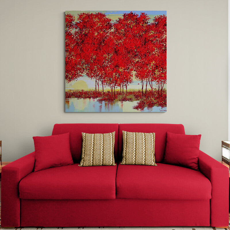 Cuadro decorativo de pintura: Lago con árboles alineados horizontalmente y hojas de color rojo