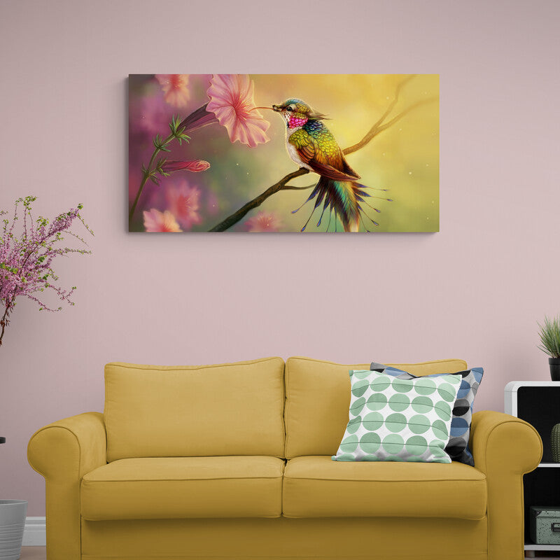 Cuadro decorativo: Pájaro de fantasía en rama con flor rosa sobre fondo verde desenfocado
