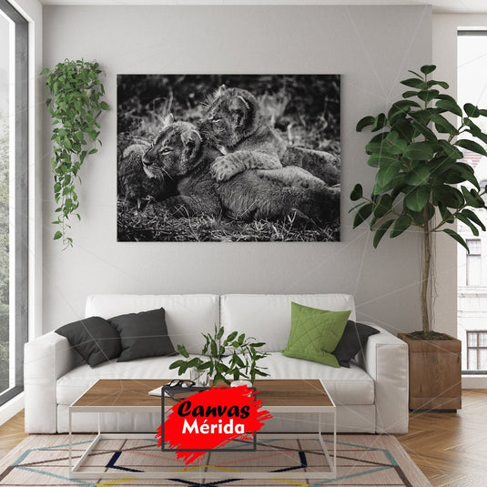 Fotografía en blanco y negro de cachorros de león en sala de estar