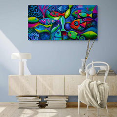 Pintura abstracta con peces coloridos en estilo vibrante