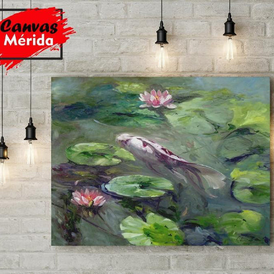 Pintura impresionista de pez koi entre nenúfares en estanque