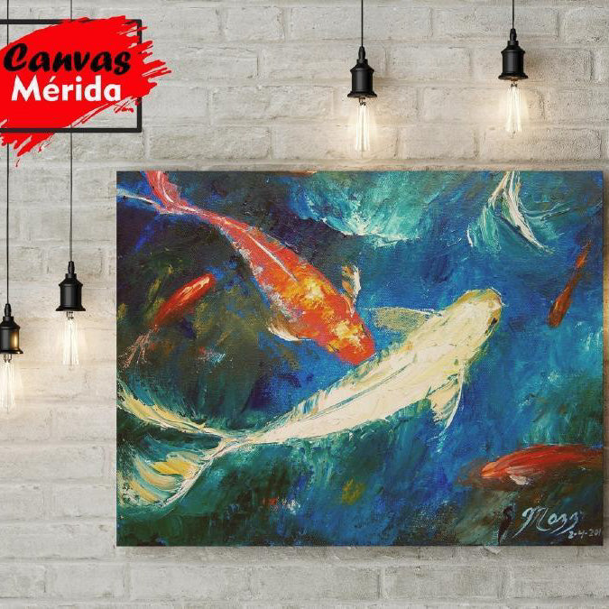 Pintura expresionista de peces koi coloridos en movimiento en aguas azules