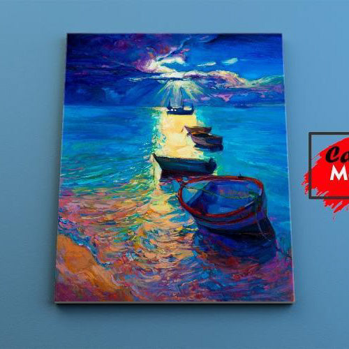 Pintura vibrante de barcas en el agua bajo un cielo de amanecer luminoso