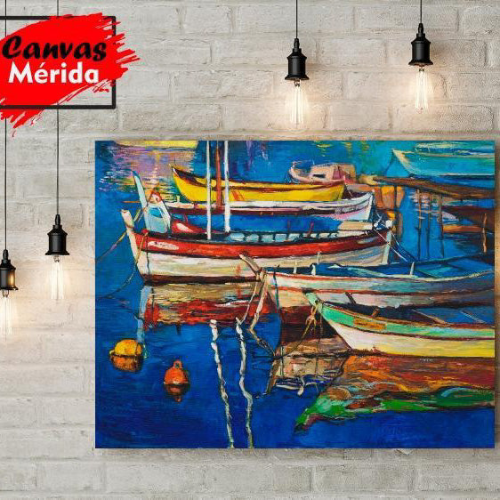 Pintura colorida de barcas en puerto mediterráneo bajo luz vibrante