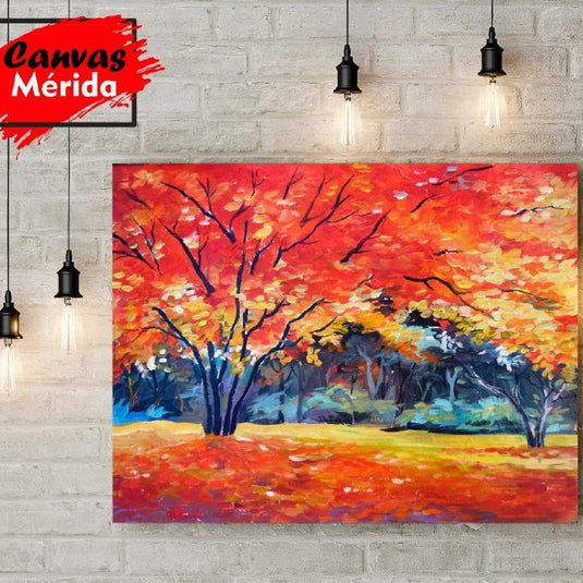 Cuadro decorativo: Árboles con hojas de color rojo, naranja y amarillo.