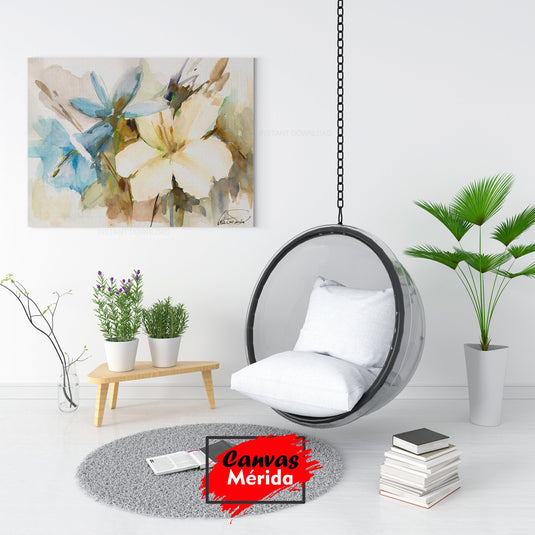 Pintura impresionista de flores en acuarela con tonos azules y beige