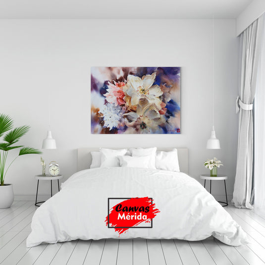 Pintura en acuarela de flores delicadas con fondo oscuro