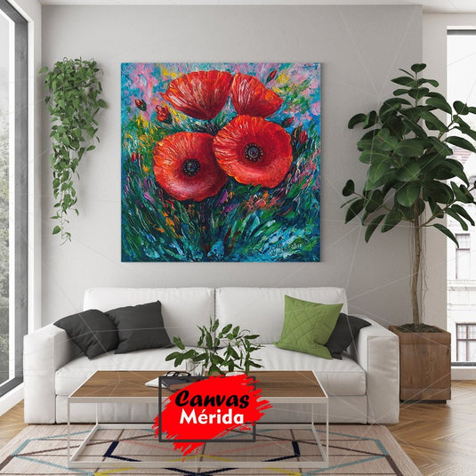 Pintura expresionista de tres amapolas rojas con fondo colorido