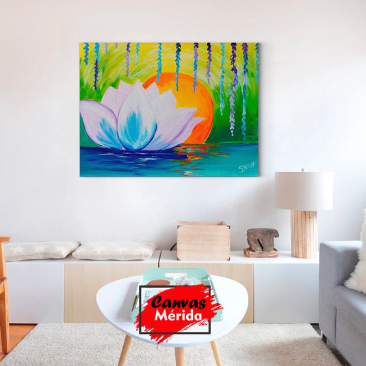 Pintura acrílica de flor de loto en un estanque con sol naciente y flores colgantes