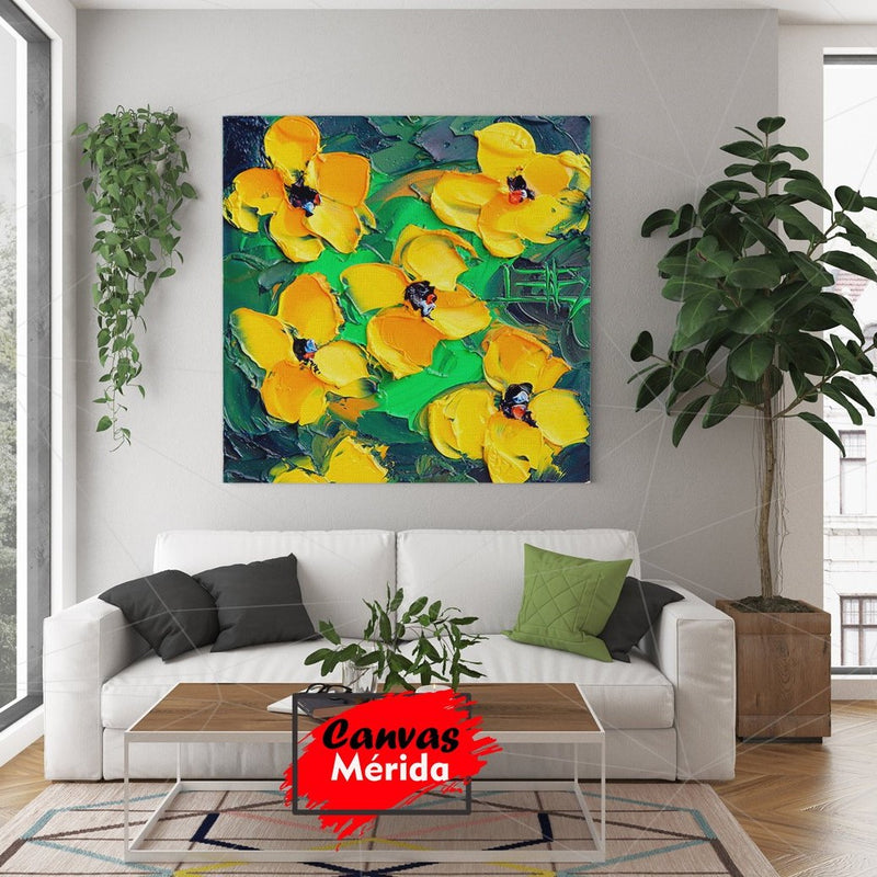 Pintura al óleo de orquídeas amarillas con fondo verde en impasto