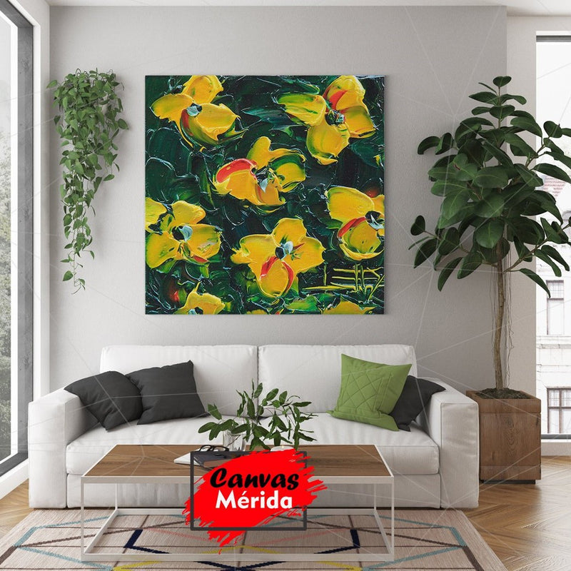Pintura al óleo de orquídeas amarillas y rojas con técnica de impasto