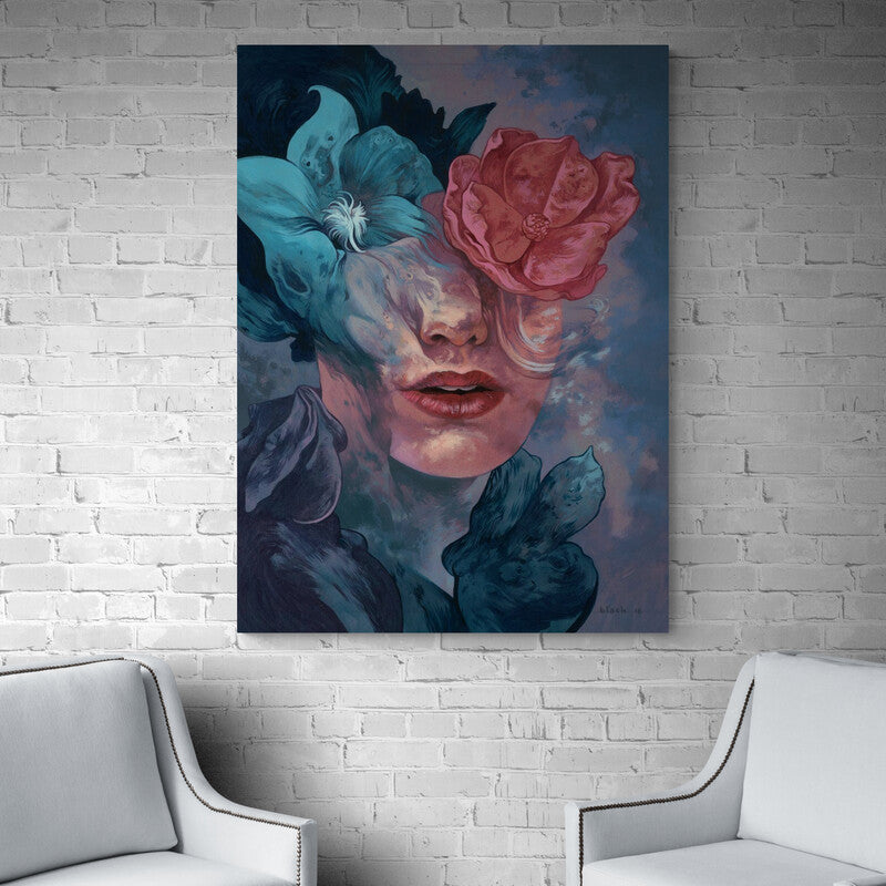 Pintura surrealista de un rostro femenino con flores integradas