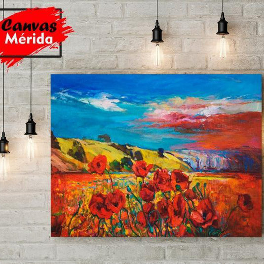 Pintura de campo de amapolas rojas bajo cielo colorido al atardecer