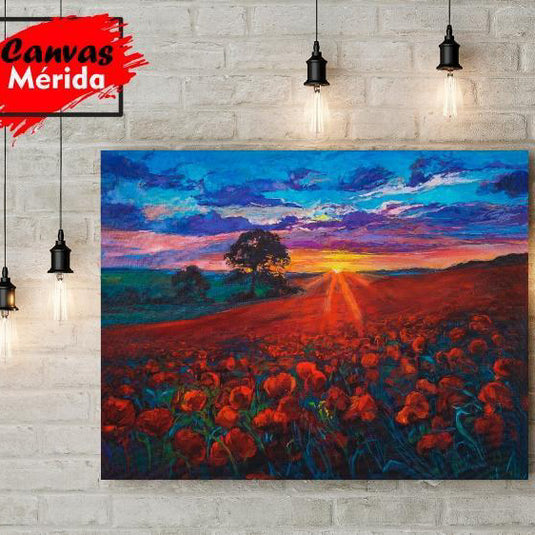 Cuadro decorativo: Campo de flores con atardecer, árboles y sol escondiéndose
