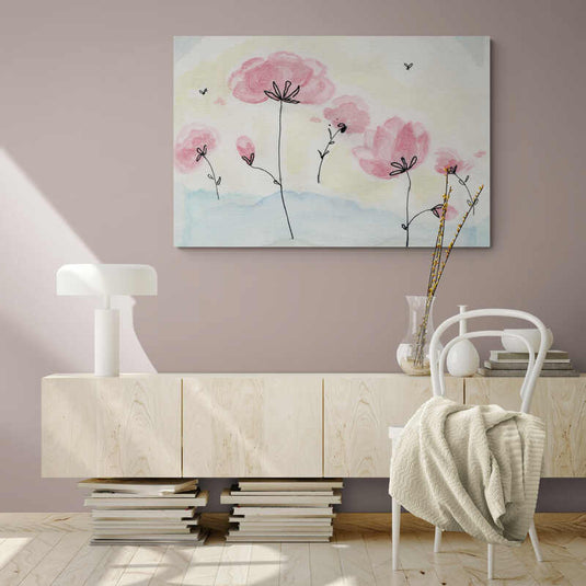 Pintura de Acuarela de Flores Rosadas con Mariposas en Estilo Minimalista sobre Fondo Claro