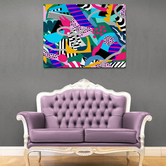 Pintura abstracta con formas geométricas y colores vivos