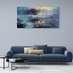 Cuadro abstracto evocando el mar con tonalidades azules, amarillos y morados, profundidades oscuras y negras.