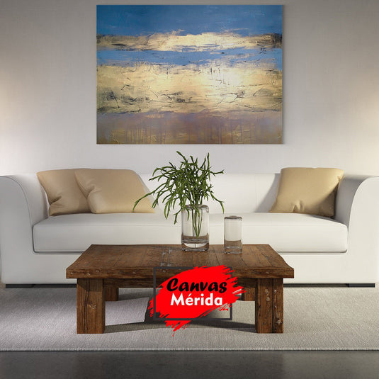 Cuadro abstracto en tonos dorados y azules, arte moderno decorativo para sala.









