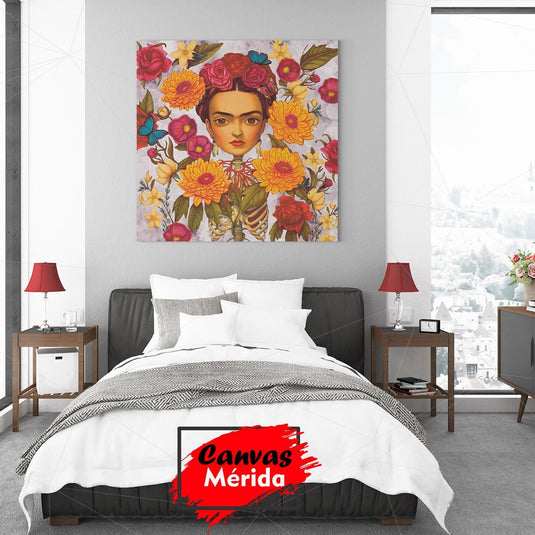 Retrato de mujer con corona de flores y esqueleto visible, rodeado de flores