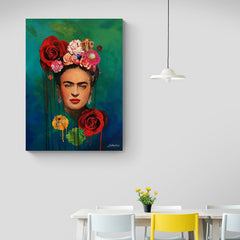Retrato artístico inspirado en Frida Kahlo con flores coloridas