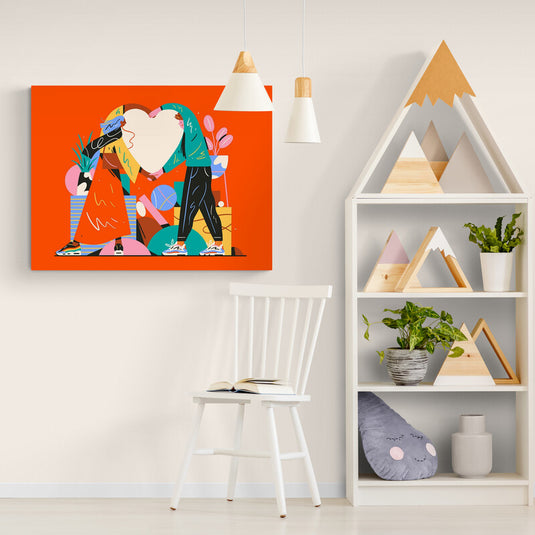 Ilustración abstracta de dos personas compartiendo un corazón grande