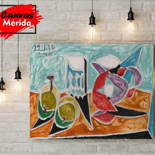 Pintura cubista de naturaleza muerta con colores vivos y formas geométricas