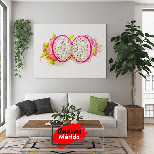 Cuadro de fruta del dragón realista en fondo blanco, arte tropical moderno.










