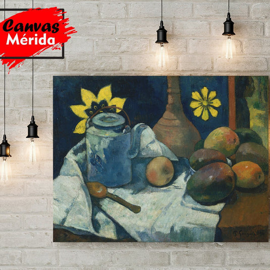 Bodegón con frutas y tetera azul de Paul Gauguin estilo postimpresionista.









