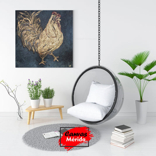 Cuadro decorativo de gallo en amarillo oro sobre fondo negro texturizado estilo gis