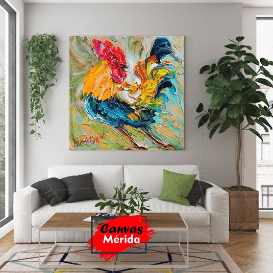 Óleo de gallo con cresta roja sobre fondo verde, amarillo y turquesa, destacando plumaje en tonos amarillo, azul y turquesa