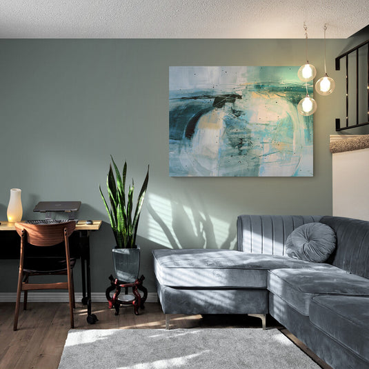 Pintura abstracta con tonos azulados y beige, evocando un amanecer sereno, ideal para decoración contemporánea y minimalista.