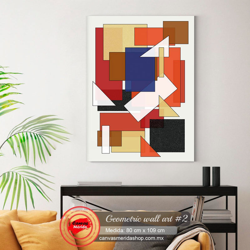Composición abstracta geométrica con formas superpuestas en tonos rojos, azules y marrones