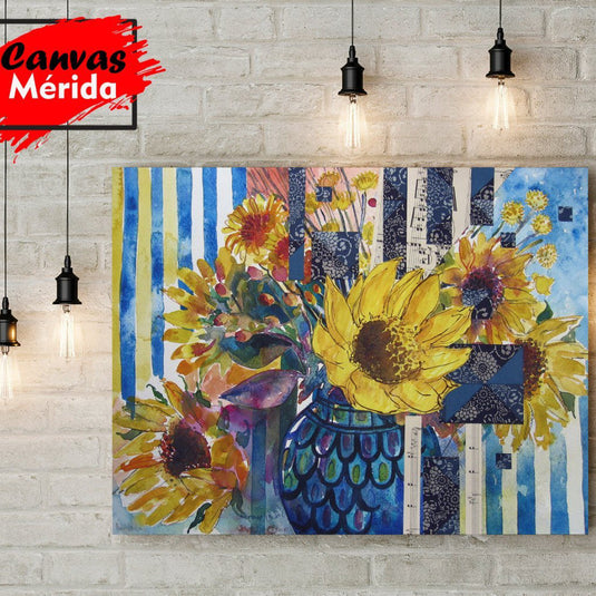 Pintura de girasoles en jarrón con fondo de collage y acuarela