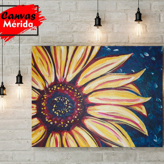 Pintura de un girasol grande con pétalos amarillos y núcleo oscuro sobre fondo azul