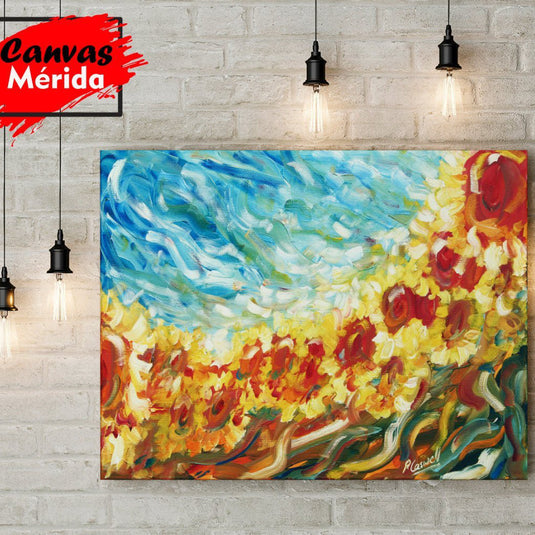 Pintura impresionista de un campo de flores bajo un cielo azul en movimiento