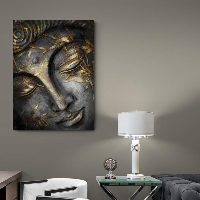 Cuadro decorativo abstracto de rostro con acentos dorados y texturas grises