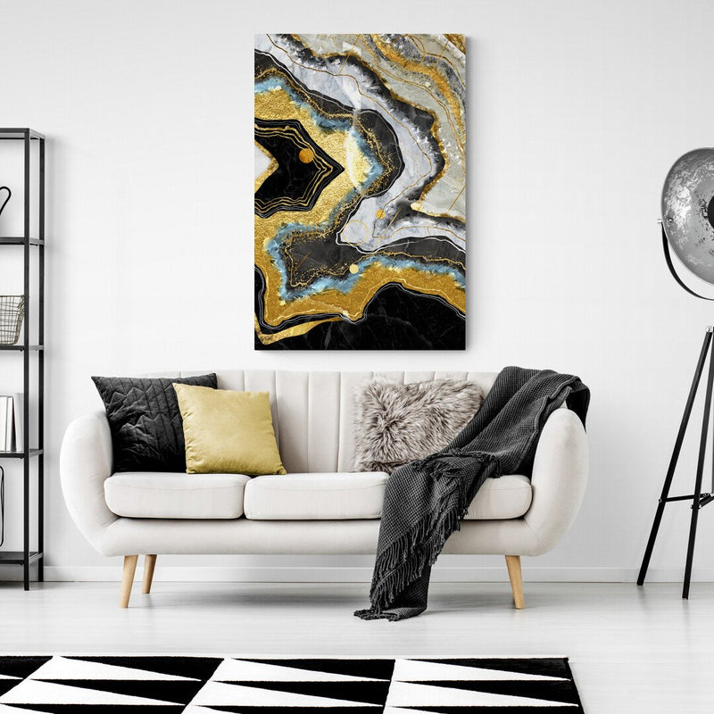 Arte abstracto de mármol con vetas doradas y azules en fondo negro para decoración de interiores elegante
