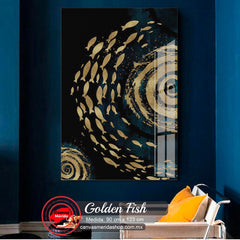 "Cuadro decorativo abstracto con motivos dorados de peces y espirales sobre fondo azul marino oscuro"