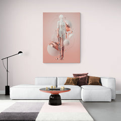 Arte digital de figura femenina con esferas flotantes en tonos rosa