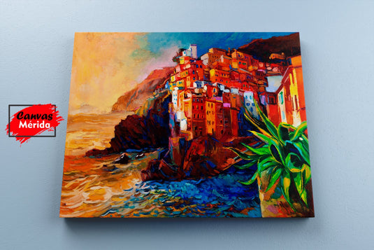 Pintura expresiva de un pueblo costero con casas coloridas al atardecer