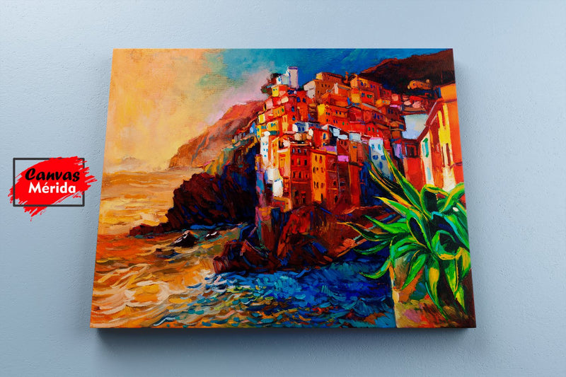 Pintura expresiva de un pueblo costero con casas coloridas al atardecer