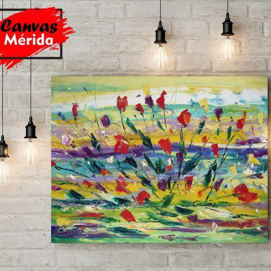 Pintura abstracta de flores coloridas en pradera