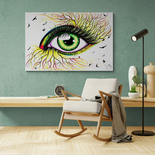 Ojo verde con raíces en fondo blanco rodeado de pájaros negros - Cuadro Decorativo