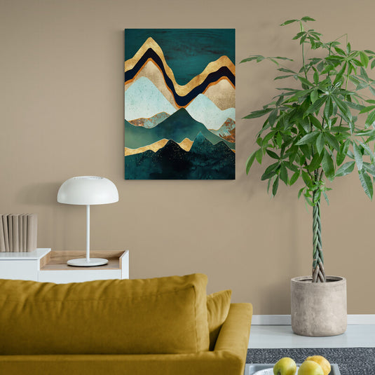 Cuadro moderno con paisaje de montañas abstractas en verde y dorado
