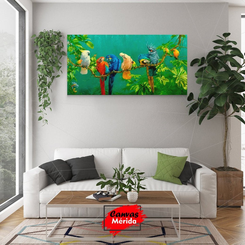 Cuadro decorativo: Ramas con guacamayas, loros y pájaros de colores vivos sobre fondo verde