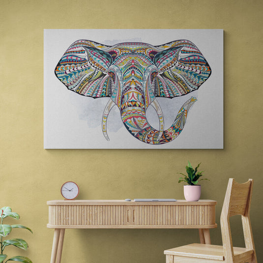 Cuadro decorativo de elefante adornado con mandalas sobre fondo blanco