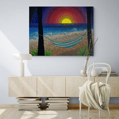 Pintura puntillista con sol amaneciendo en cielo multicolor, mar azul y tierra con vegetación
