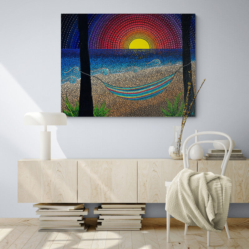 Pintura puntillista con sol amaneciendo en cielo multicolor, mar azul y tierra con vegetación