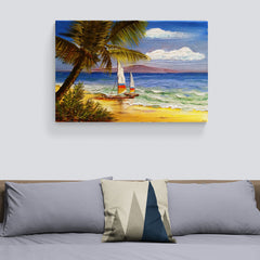 Pintura de playa tropical con palmeras y veleros