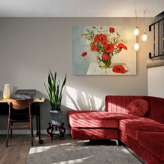 Pintura de un arreglo de amapolas rojas en un jarrón sobre mesa